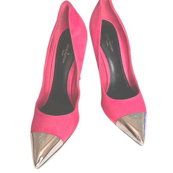 Louis Vuitton Shoes - Louis Vuitton Pink Suede Pointed Toe LV Logo Heeled Pumps Size 36 / US Size 6